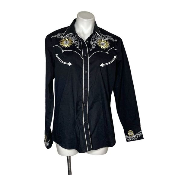 WESTERN Shirt Embroidered Black White Trim Yellow Snaps Retro Womens Size XL - Picture 1 of 13